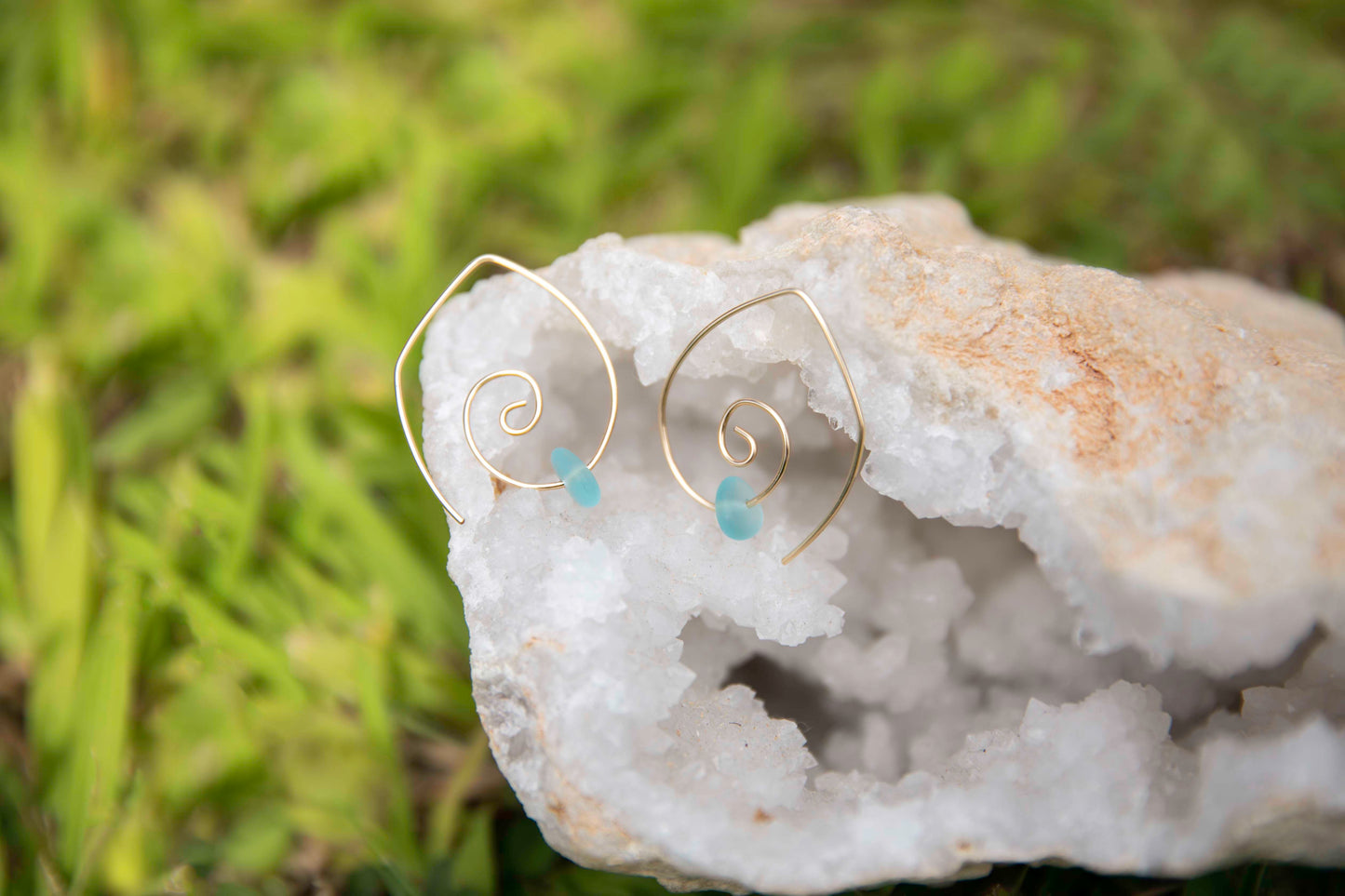 Spiral Earrings with Tumbled Glass - Gold