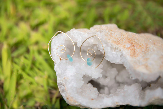 Spiral Earrings with Tumbled Glass - Gold